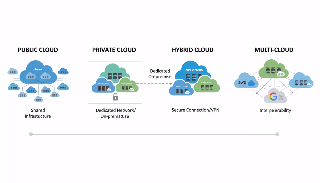 Diagram comparing public, private, hybrid, and multi-cloud deployment options