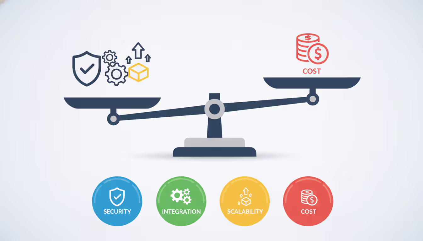 Checklist or visual scale balancing key features like security, integration, scalability, and price