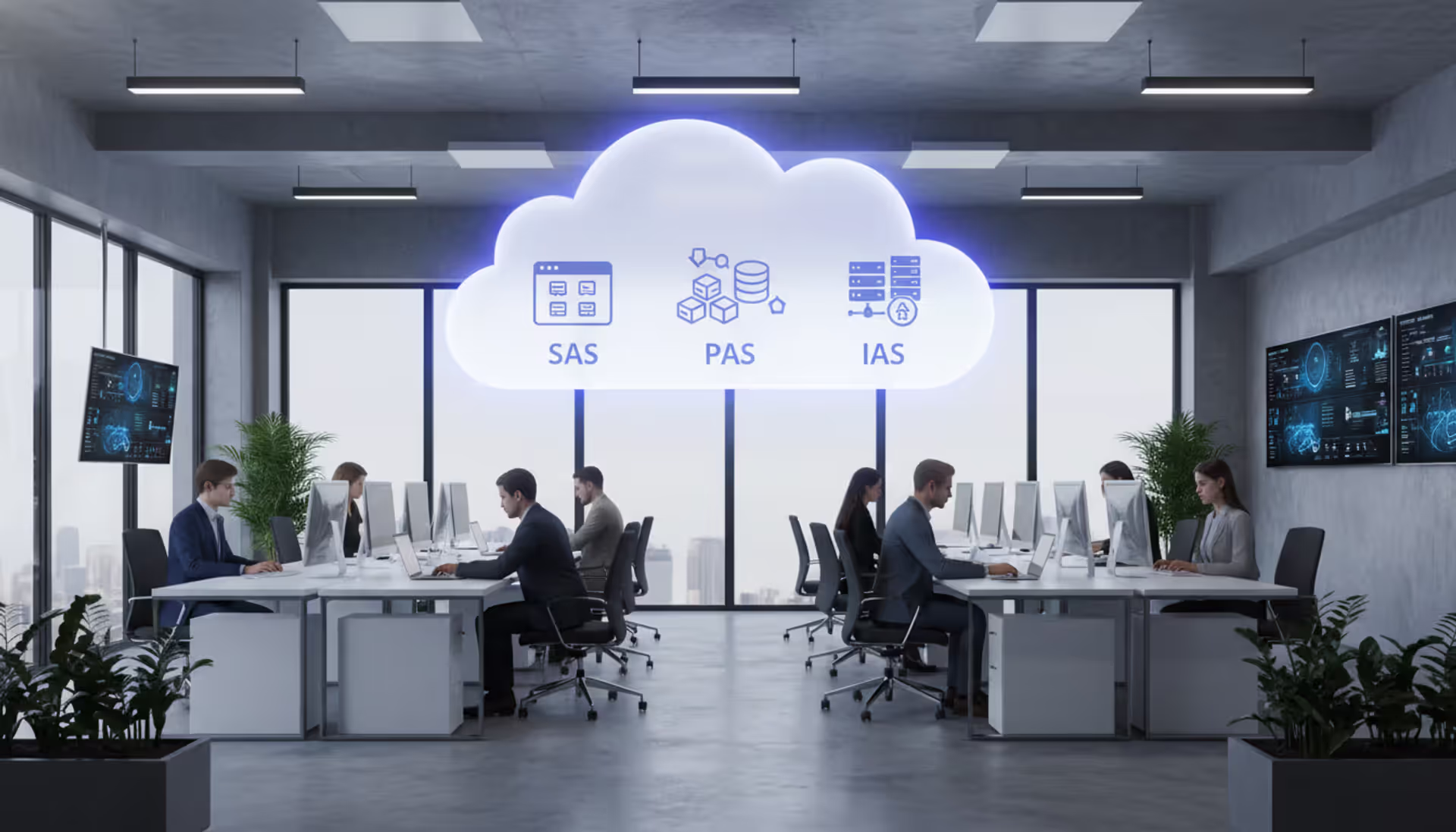 Modern office employees using laptops with a central cloud and SaaS, PaaS, IaaS icons