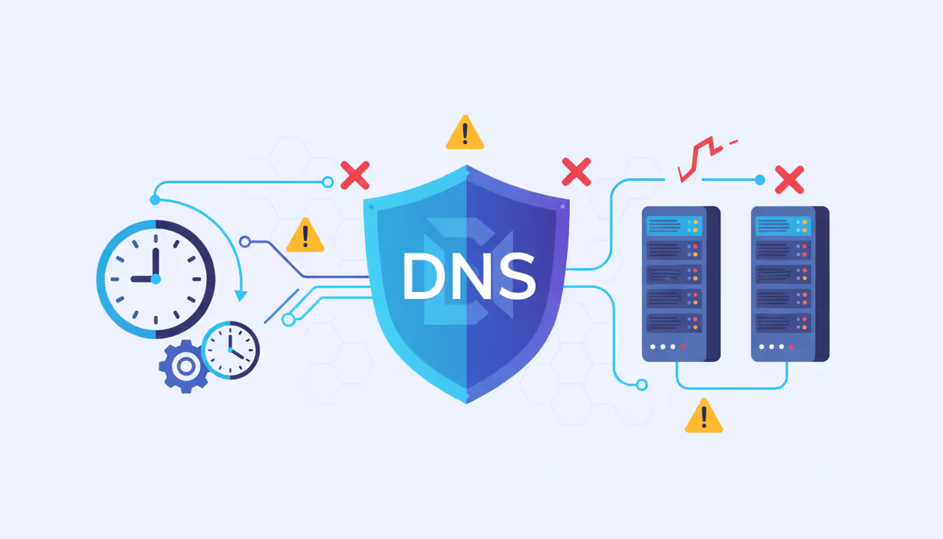 icons of DNS, time synchronization, and servers with error signs to illustrate common domain controller issues
