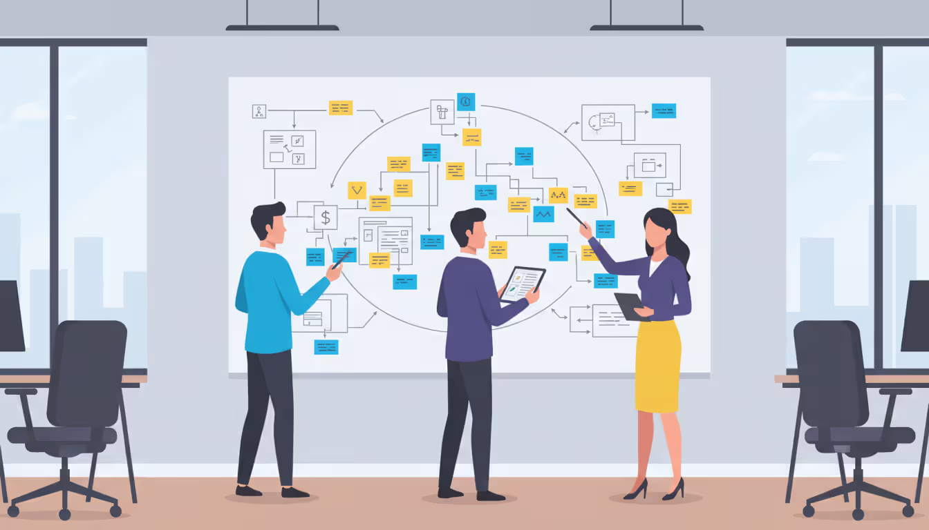 Team collaborating on intranet design process with wireframes and sticky notes