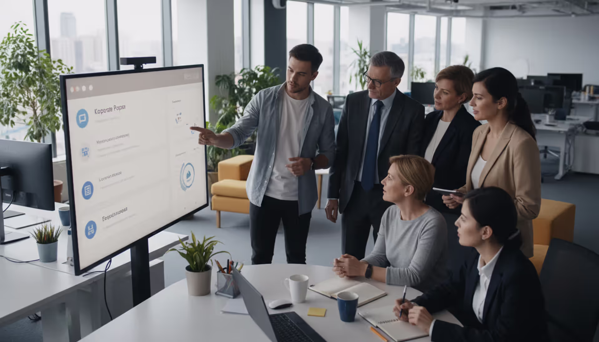 Employees from different departments collaborating around a digital intranet interface in a modern office