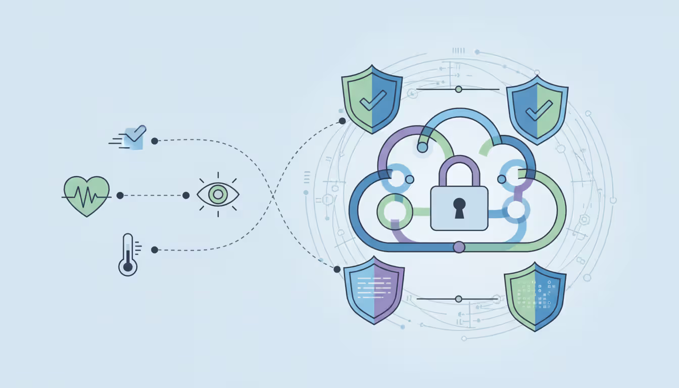 IoT security illustration with sensors connected to cloud, surrounded by lock and shields, representing encryption