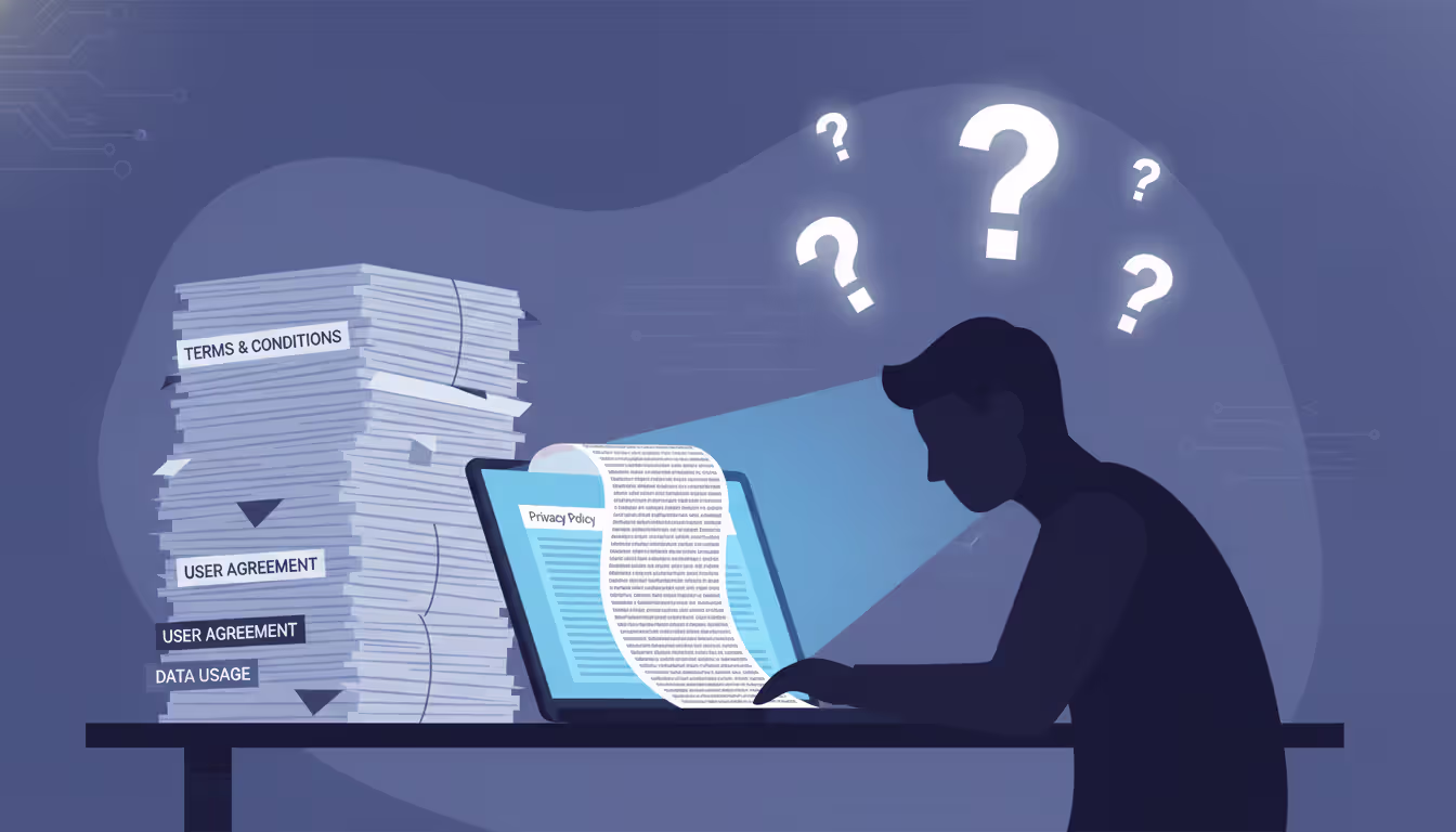 User silhouette reading privacy policy on laptop with "Terms & Privacy" documents