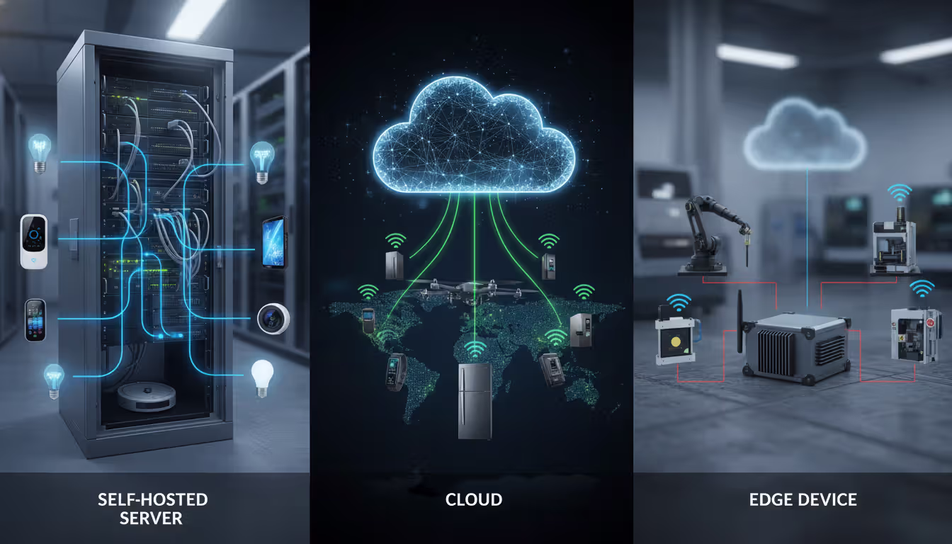 Comparison of self-hosted, cloud, and edge MQTT broker deployments.