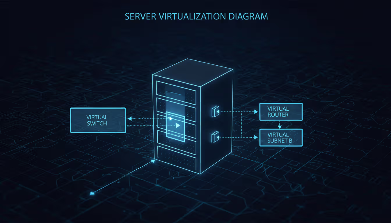 Illustration of a server running virtual switch, router, multiple virtual subnets, with connector lines.