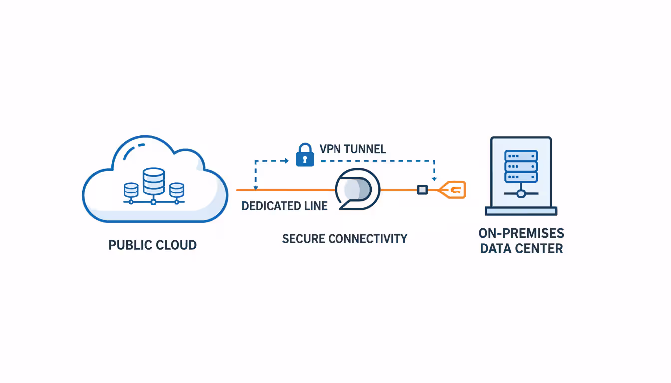 Cloud, on-premises datacenter, with VPN tunnel and dedicated connection icons.