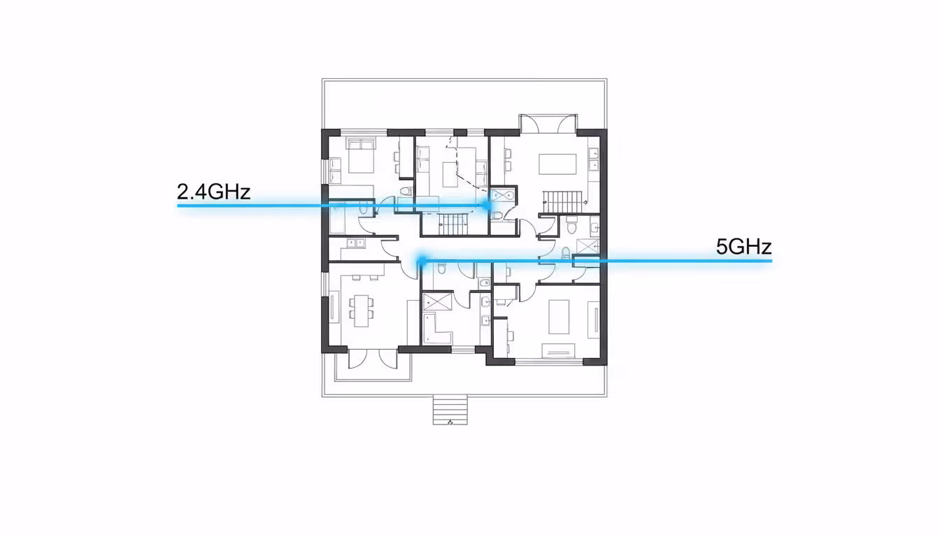 Comparison of 2.4GHz and 5GHz wifi penetration through house walls; schematic view; no text