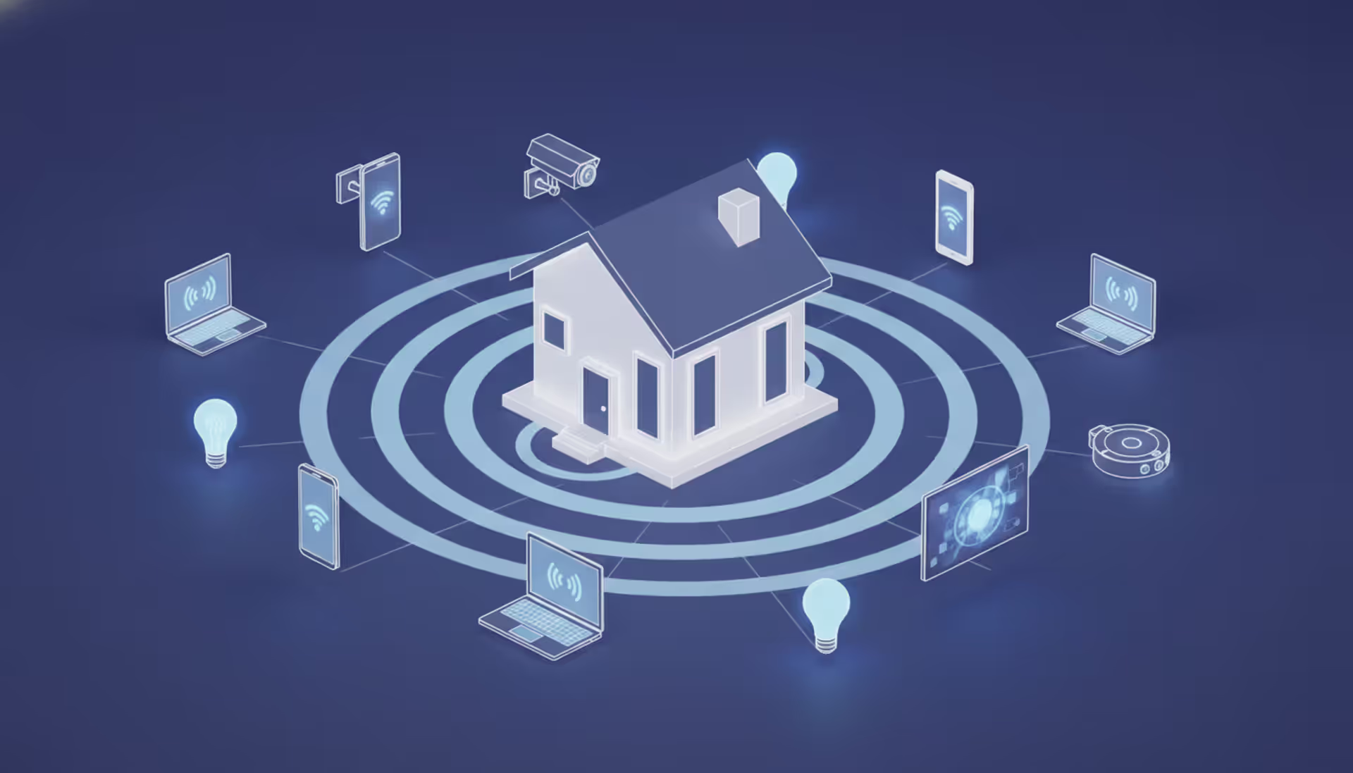 Modern smart home emitting wifi waves, surrounded by various smart devices; no people or Russian text