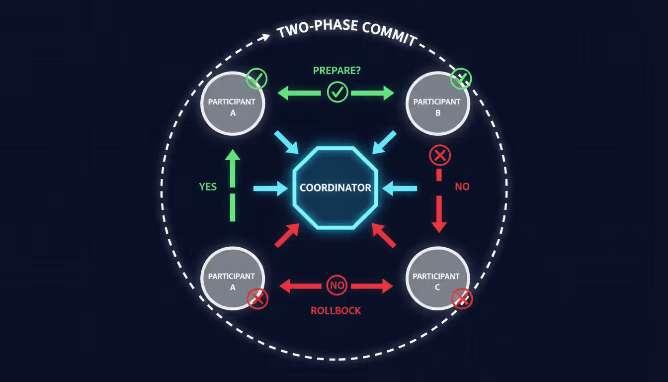 Infographic showing two-phase commit process with a central coordinator node sending requests to multiple peripheral nodes and receiving confirmation or rejection responses