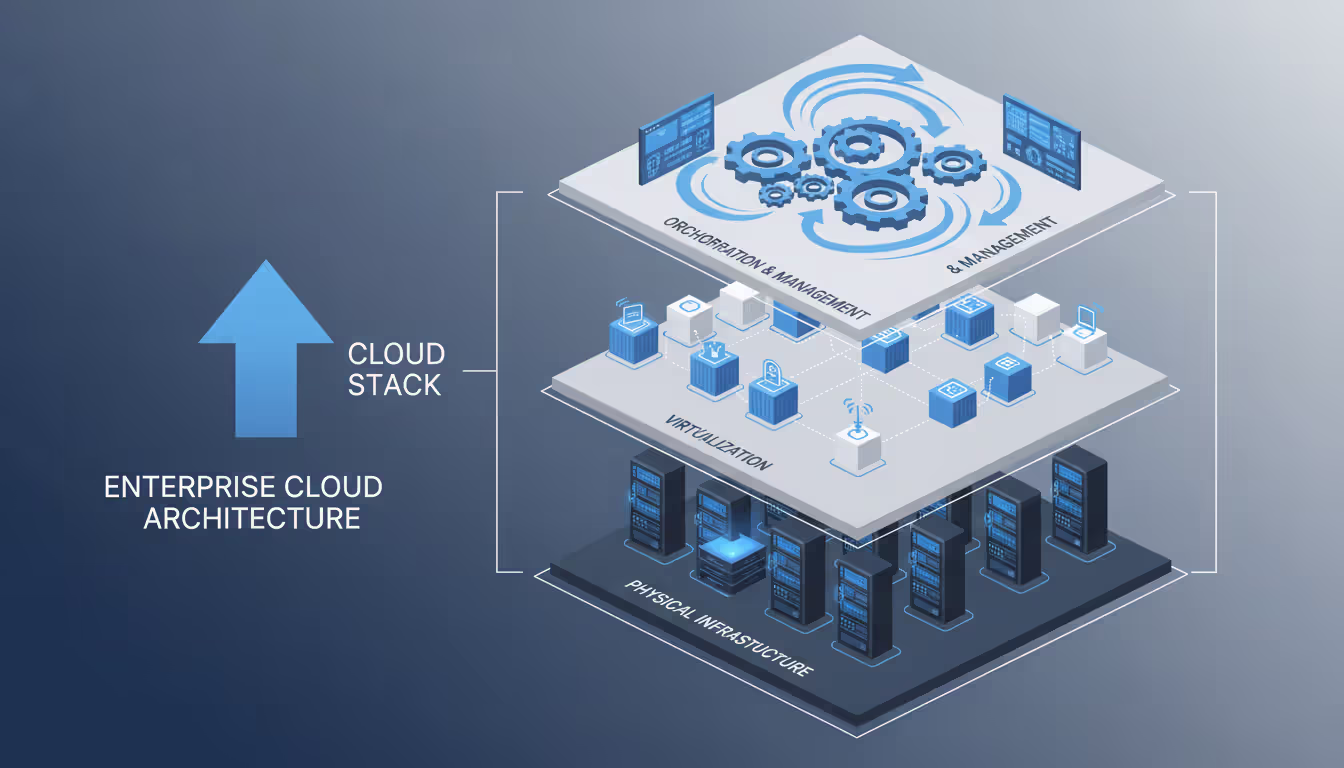 Infographic showing three-layer enterprise cloud architecture with physical servers, virtualization layer, and orchestration platform