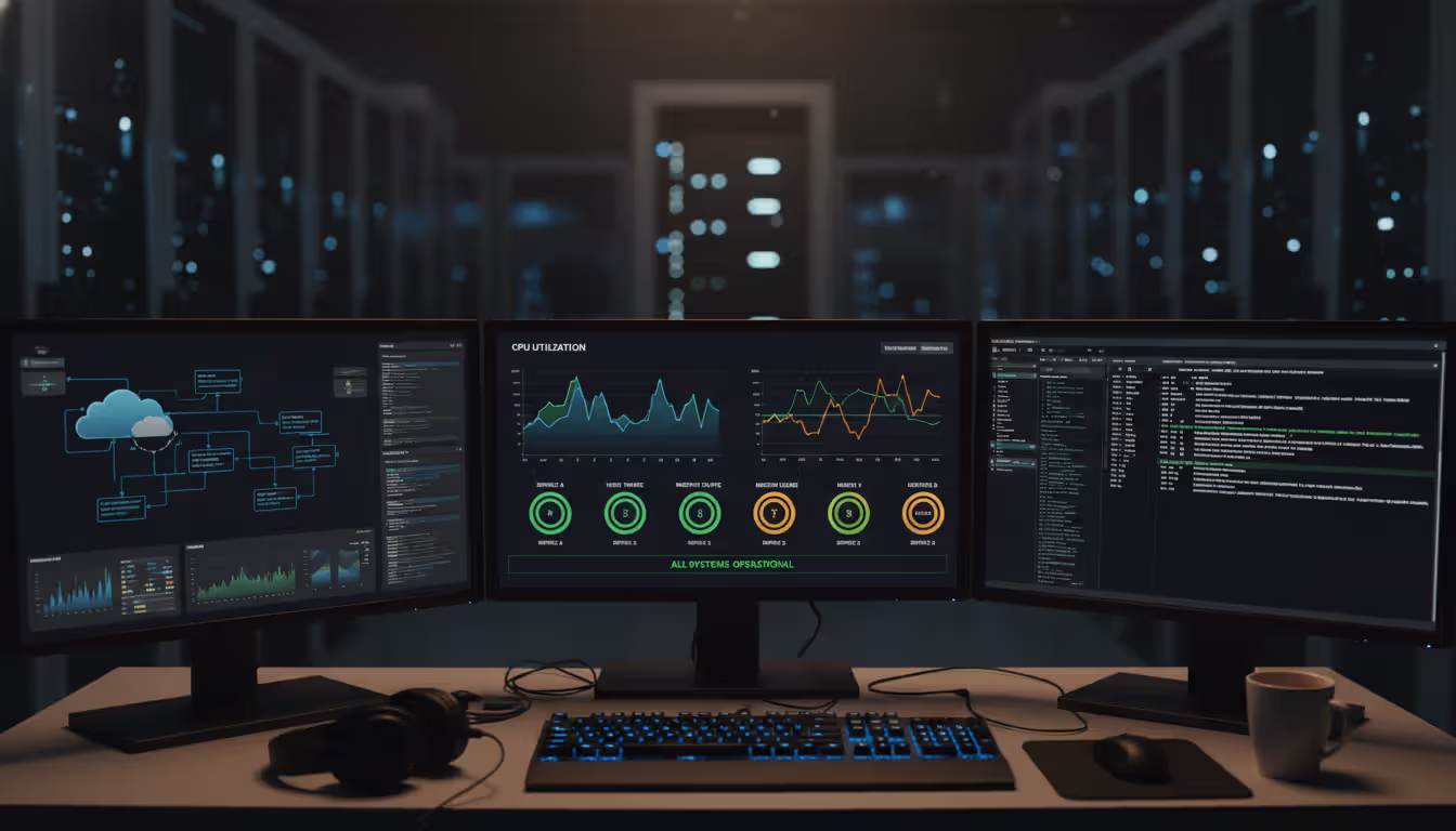 IT engineer workspace with multiple monitors displaying cloud infrastructure monitoring dashboards and performance metrics