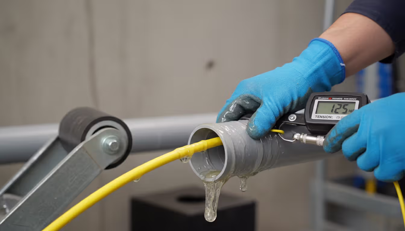 Close-up of fiber optic cable being pulled through conduit with lubricant gel and corner roller visible in background