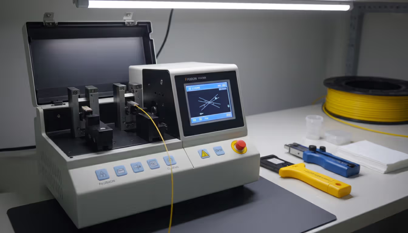 Fusion splicer workstation with cleaver stripper heat shrink sleeves and lint-free wipes on a clean work surface