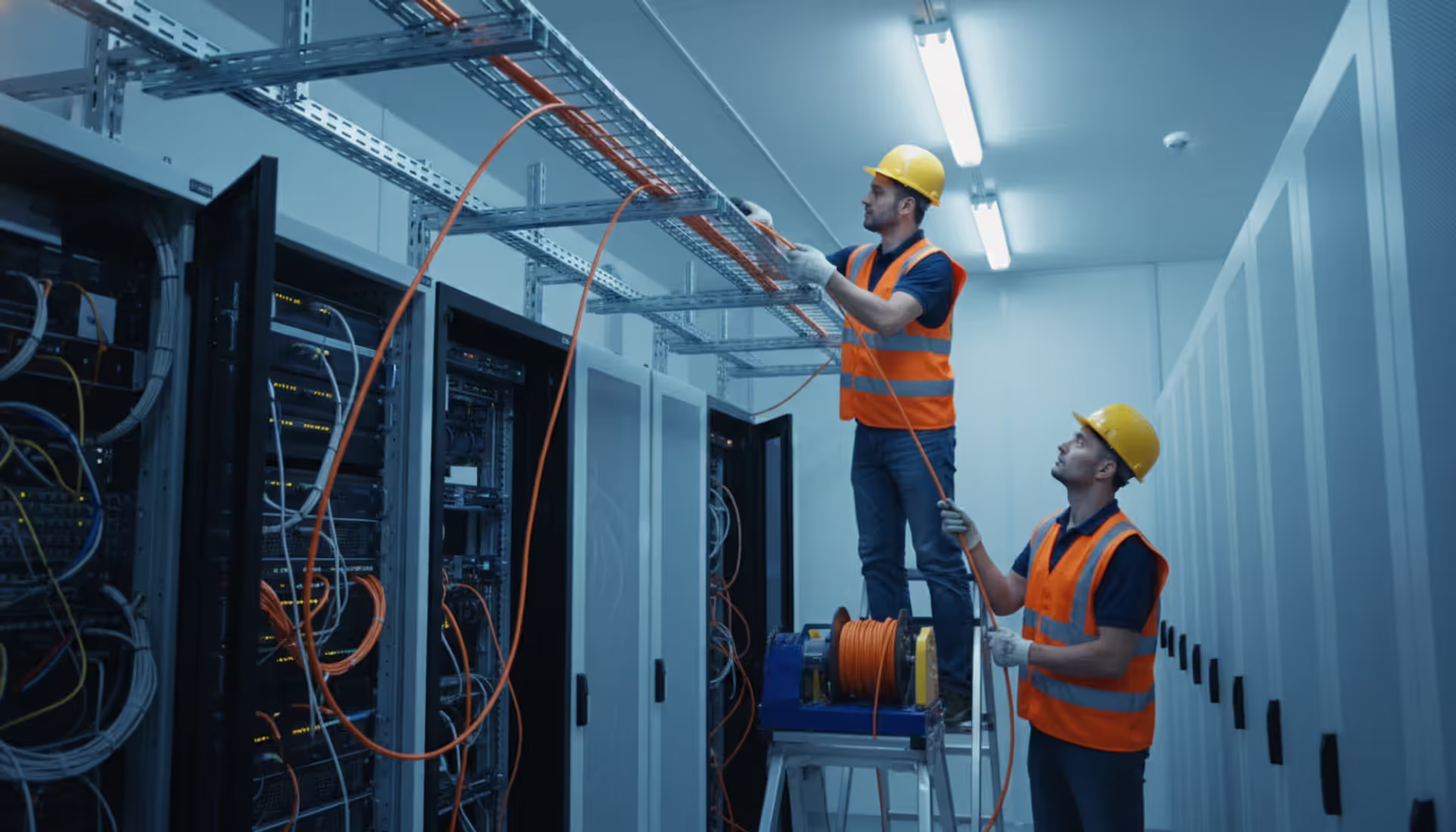 Professional fiber optic installation crew pulling orange cable through a server room with organized cable trays and racks
