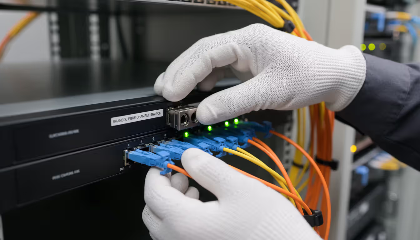 Close-up of engineer hands inserting SFP optical transceiver into Fibre Channel switch port with fiber optic LC cables and green LED port indicators visible