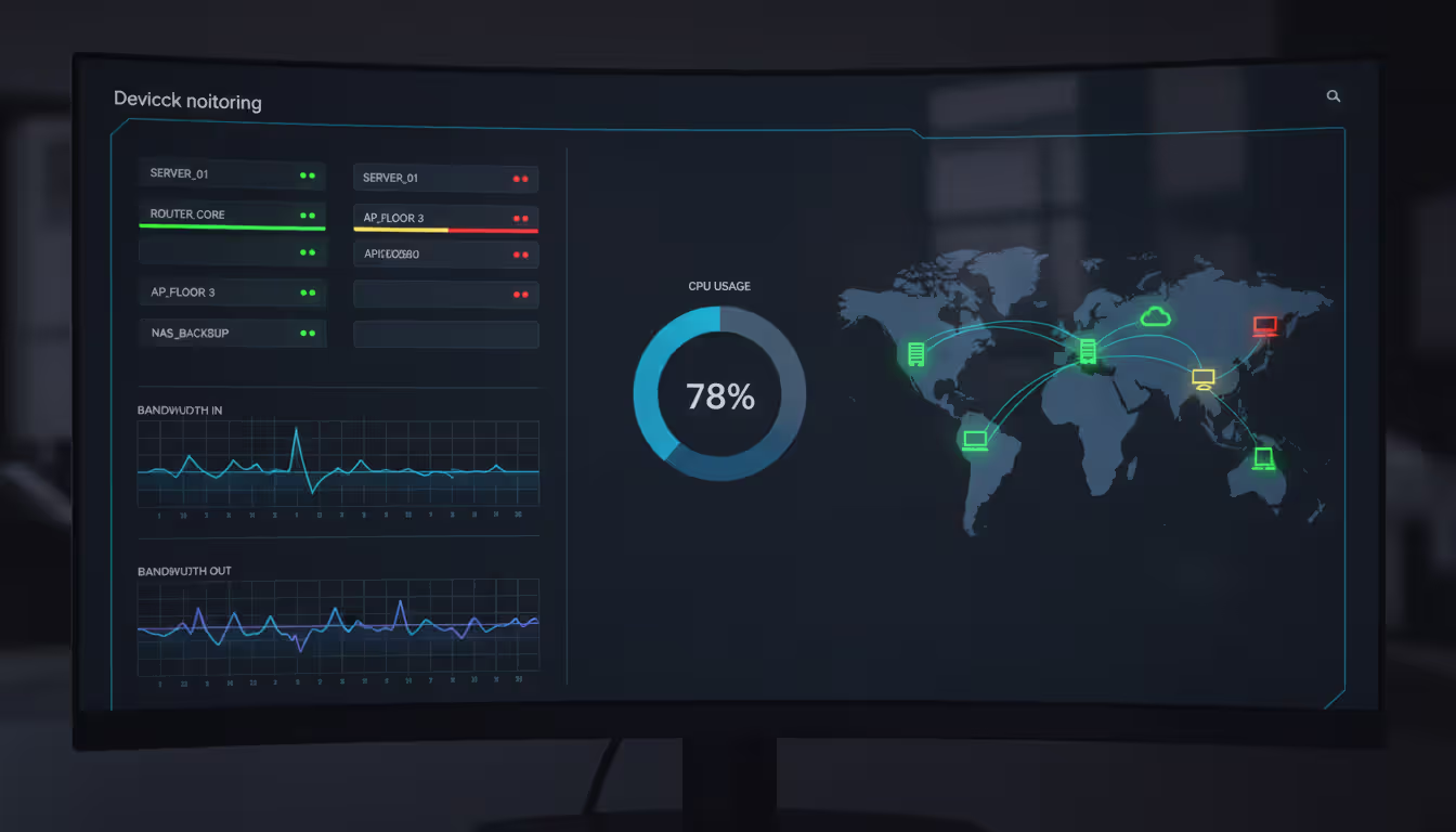 Network monitoring dashboard with device status indicators, bandwidth graphs, CPU usage chart, and interactive network topology map