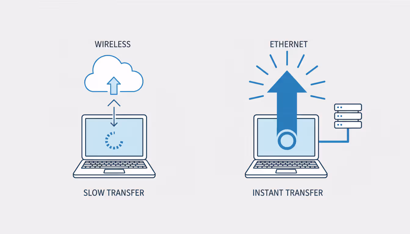 Infographic comparing slow cloud upload speed via internet versus fast local file transfer via ethernet to a home server