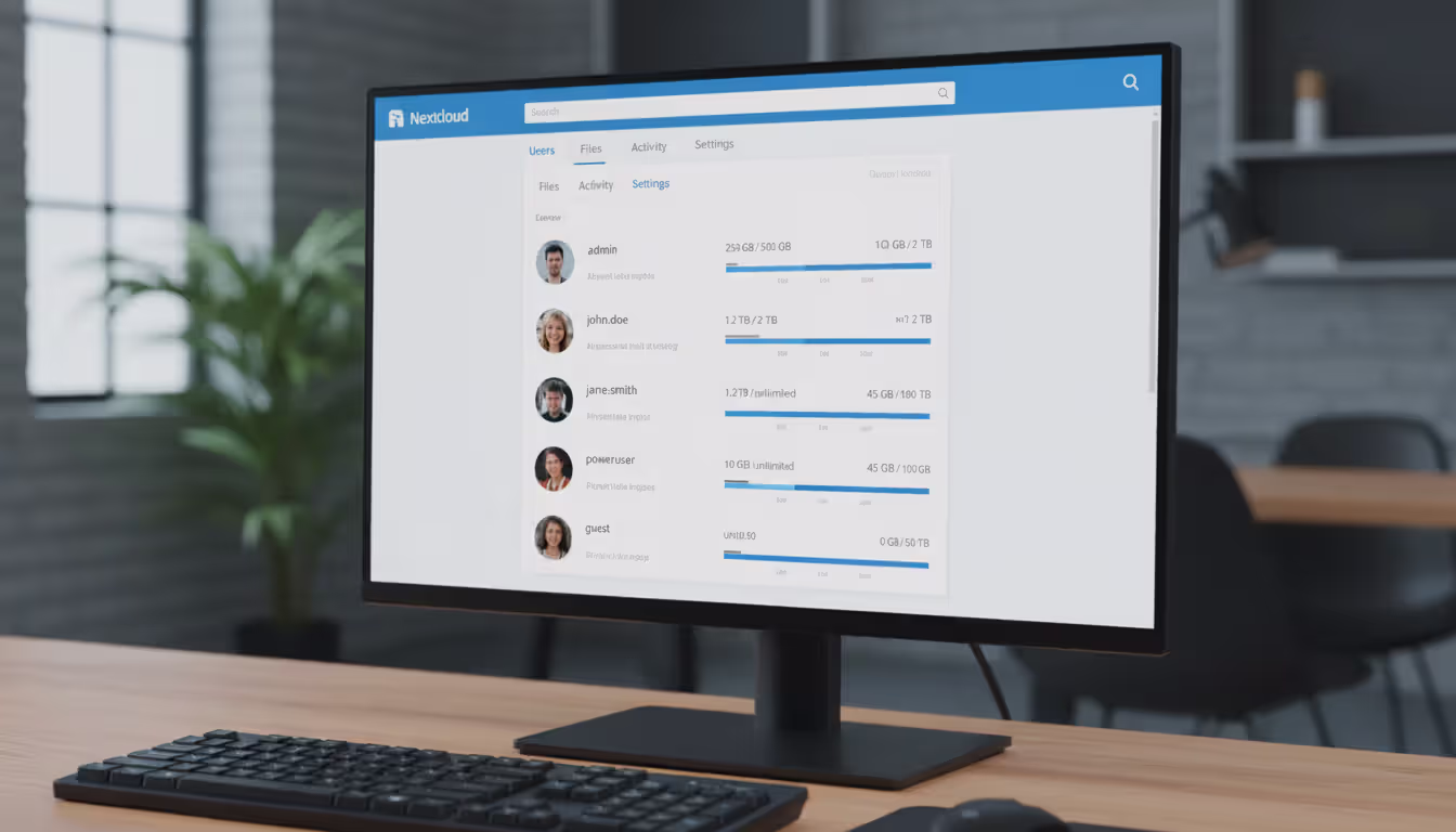 Computer monitor displaying Nextcloud admin panel with user management interface showing multiple user accounts and storage quotas