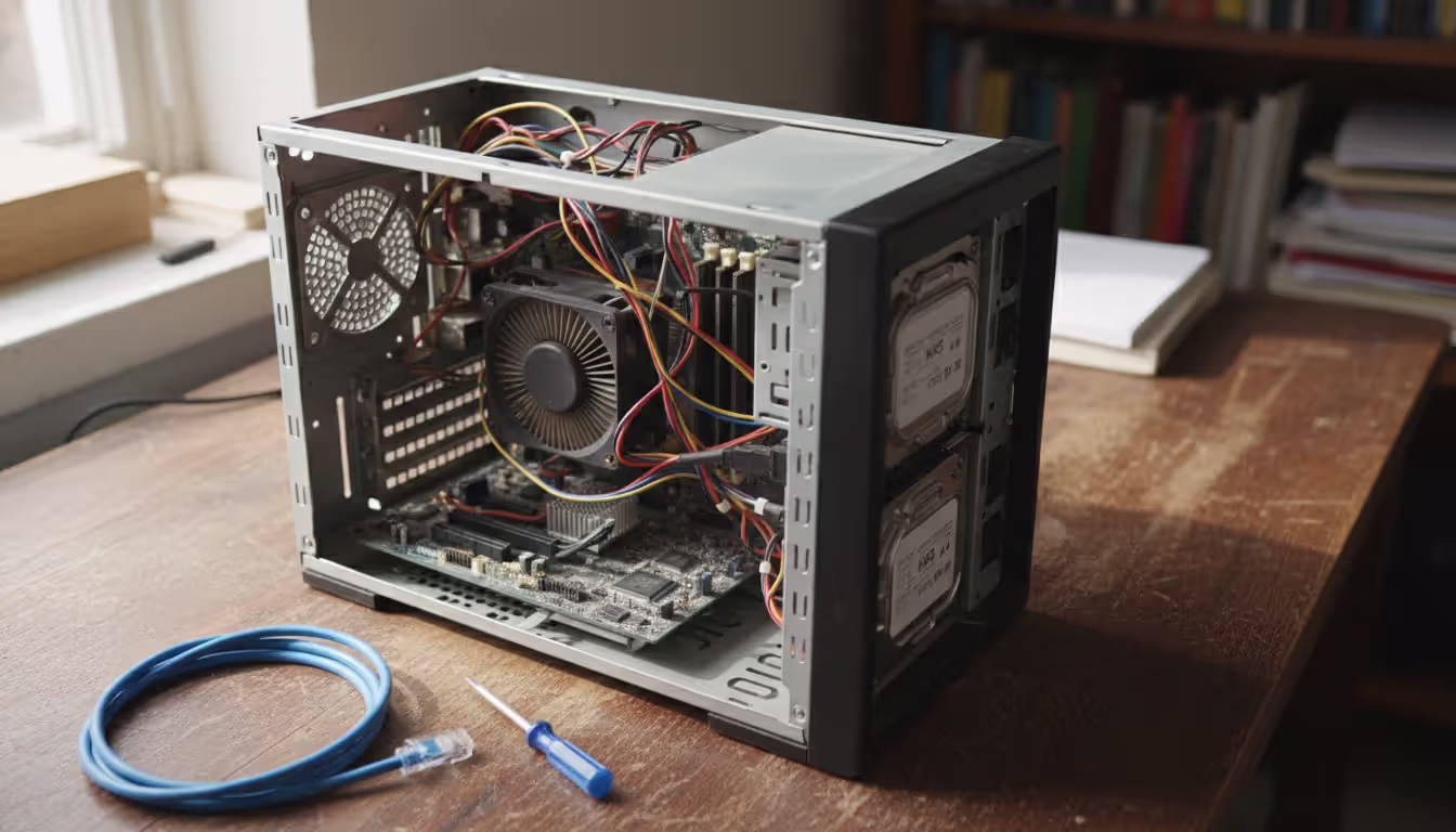 Open desktop computer case showing two NAS hard drives installed on motherboard with screwdriver and ethernet cable nearby on a desk