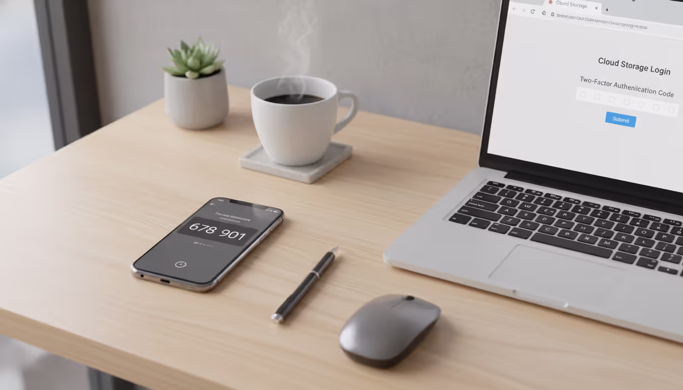 Smartphone showing authenticator app with one-time code next to laptop displaying cloud storage two-factor authentication login screen