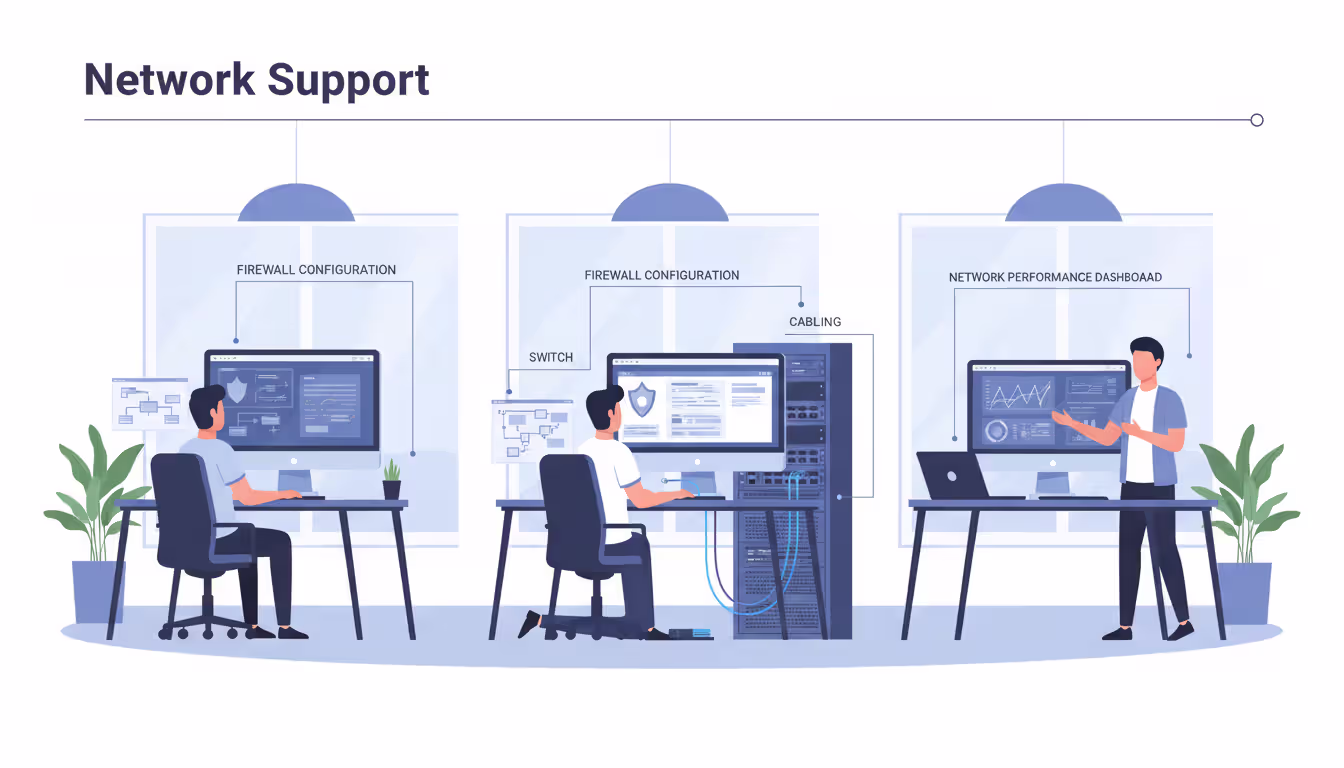 IT support team working in a modern office configuring firewalls and network switches while monitoring performance dashboards