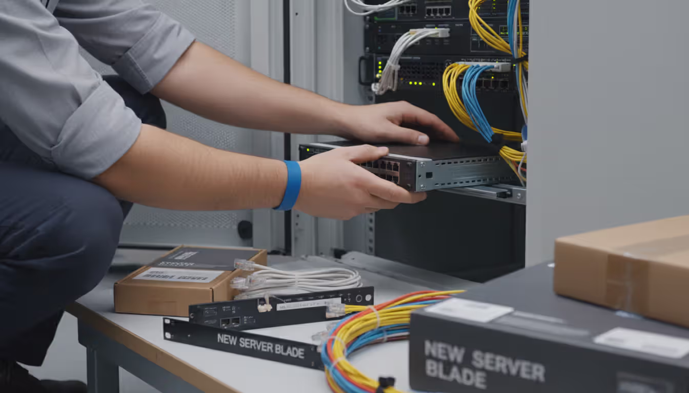 IT engineer installing a new network switch into a server rack during initial network setup with patch panels and cables nearby