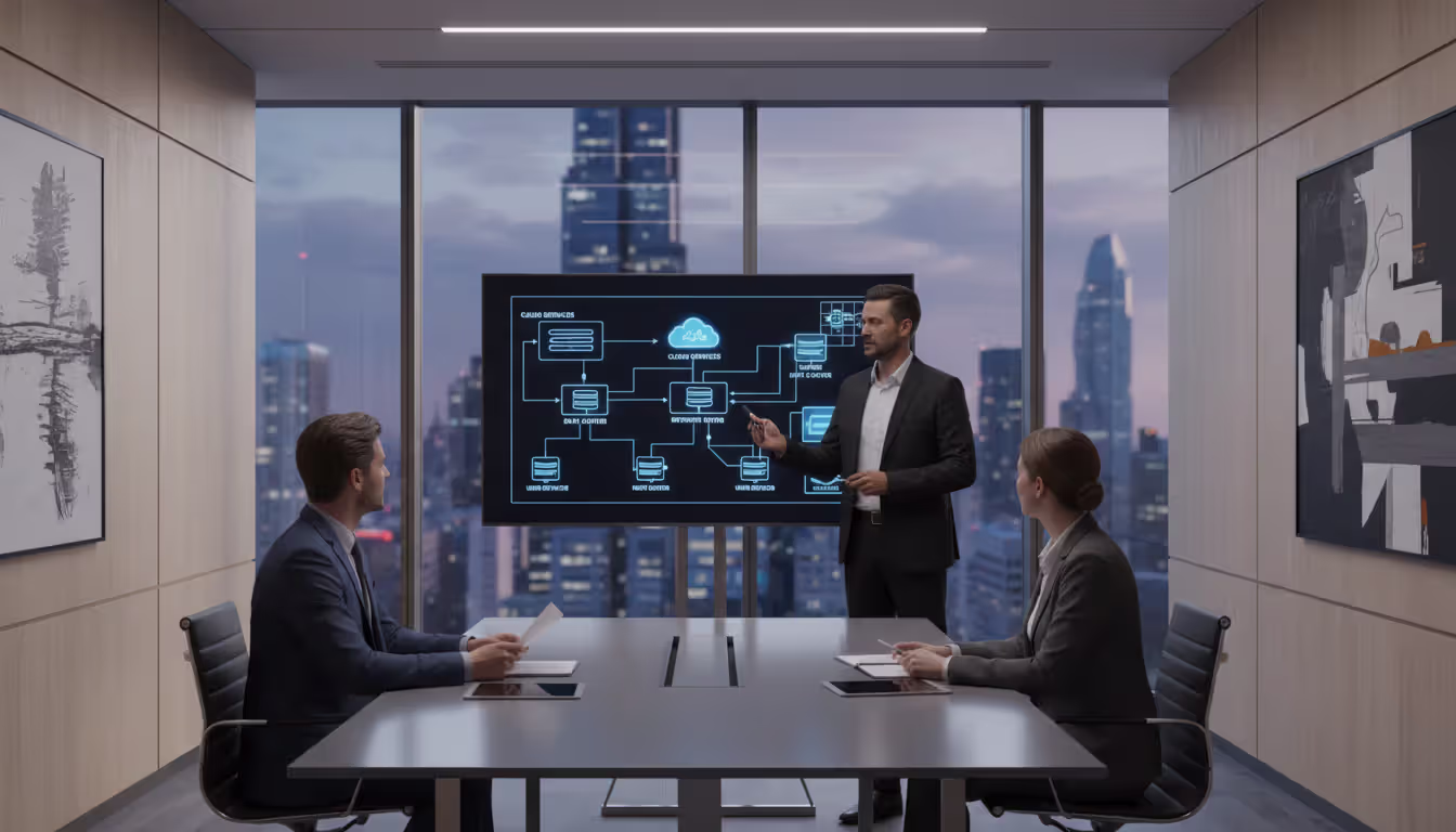 Business meeting in a conference room where an IT provider presents network infrastructure plan on a large screen to company representatives