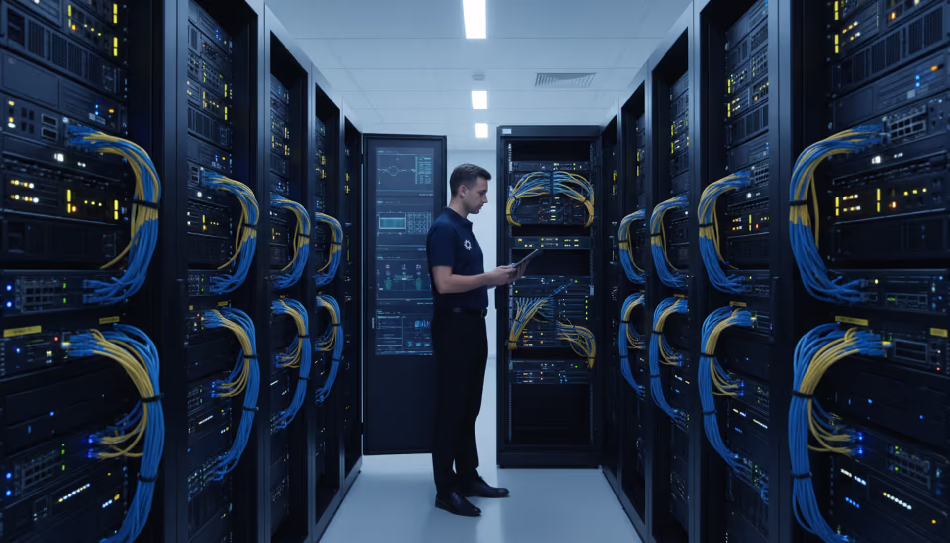 IT specialist inspecting network equipment in a modern server room with illuminated rack-mounted switches and neatly organized cables