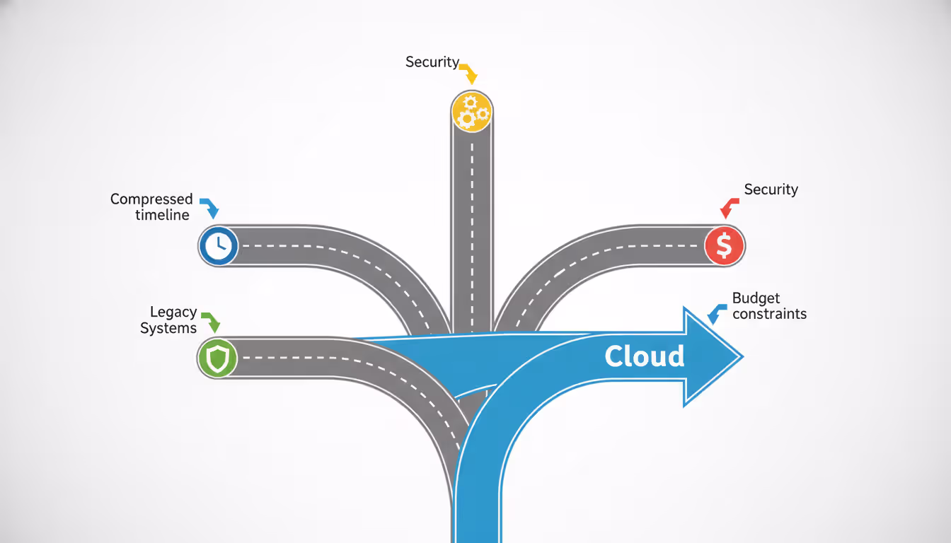 Infographic showing decision paths for cloud migration with icons representing deadlines, security, legacy systems, and budget leading to a cloud symbol
