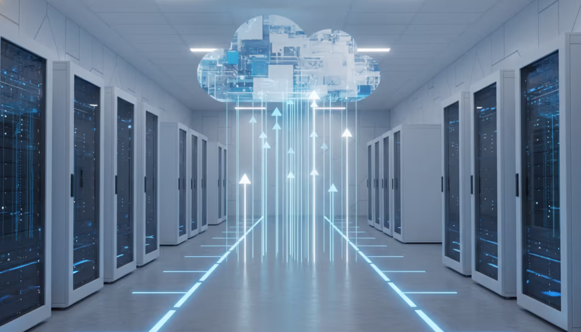Server room racks with glowing arrows pointing upward toward a stylized cloud symbol representing lift and shift cloud migration