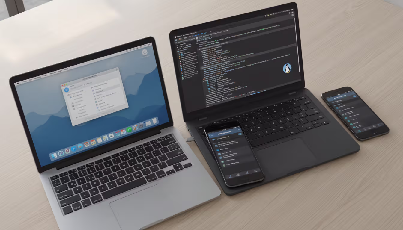 Four devices on a wooden desk — macOS laptop, Linux laptop, iPhone, and Android phone — each showing network settings screens