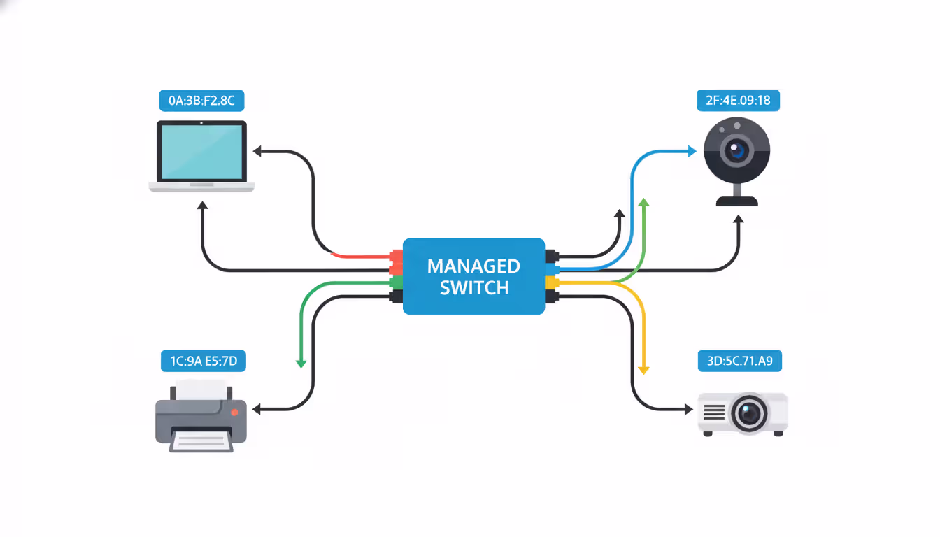 Flat infographic of an enterprise network with a managed switch connected to devices, each labeled with a hexadecimal MAC address