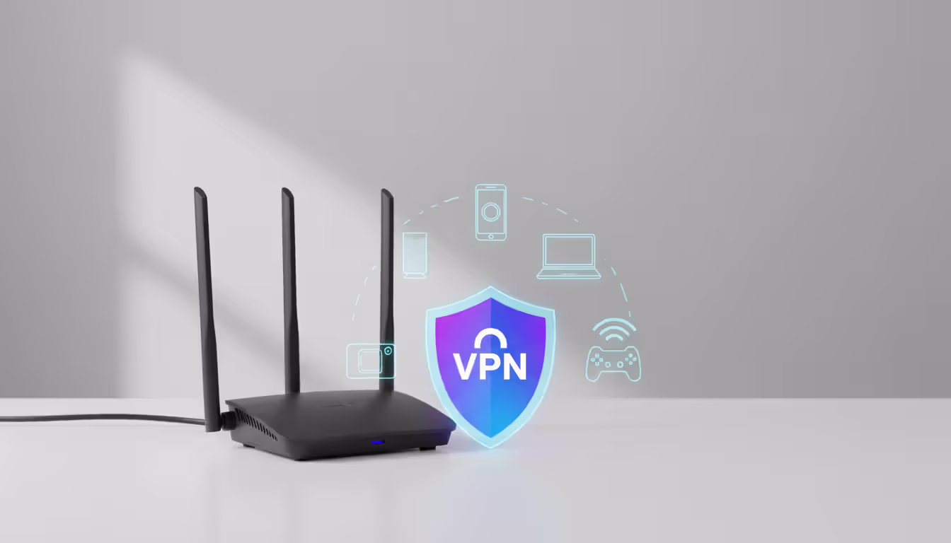 Modern black WiFi router with antennas on a desk surrounded by connected device icons and a glowing VPN shield symbol