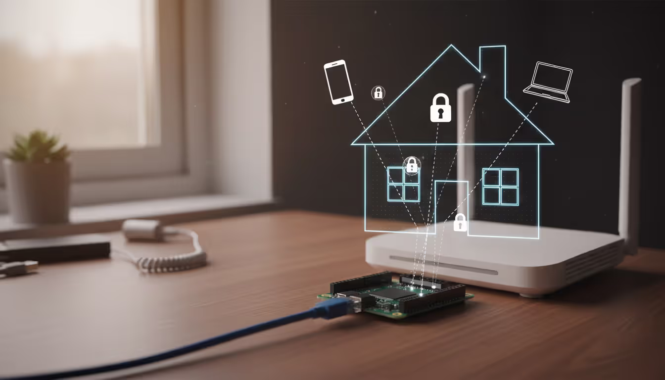 Raspberry Pi single-board computer connected to a router with encrypted VPN connection lines reaching remote devices like smartphone and laptop