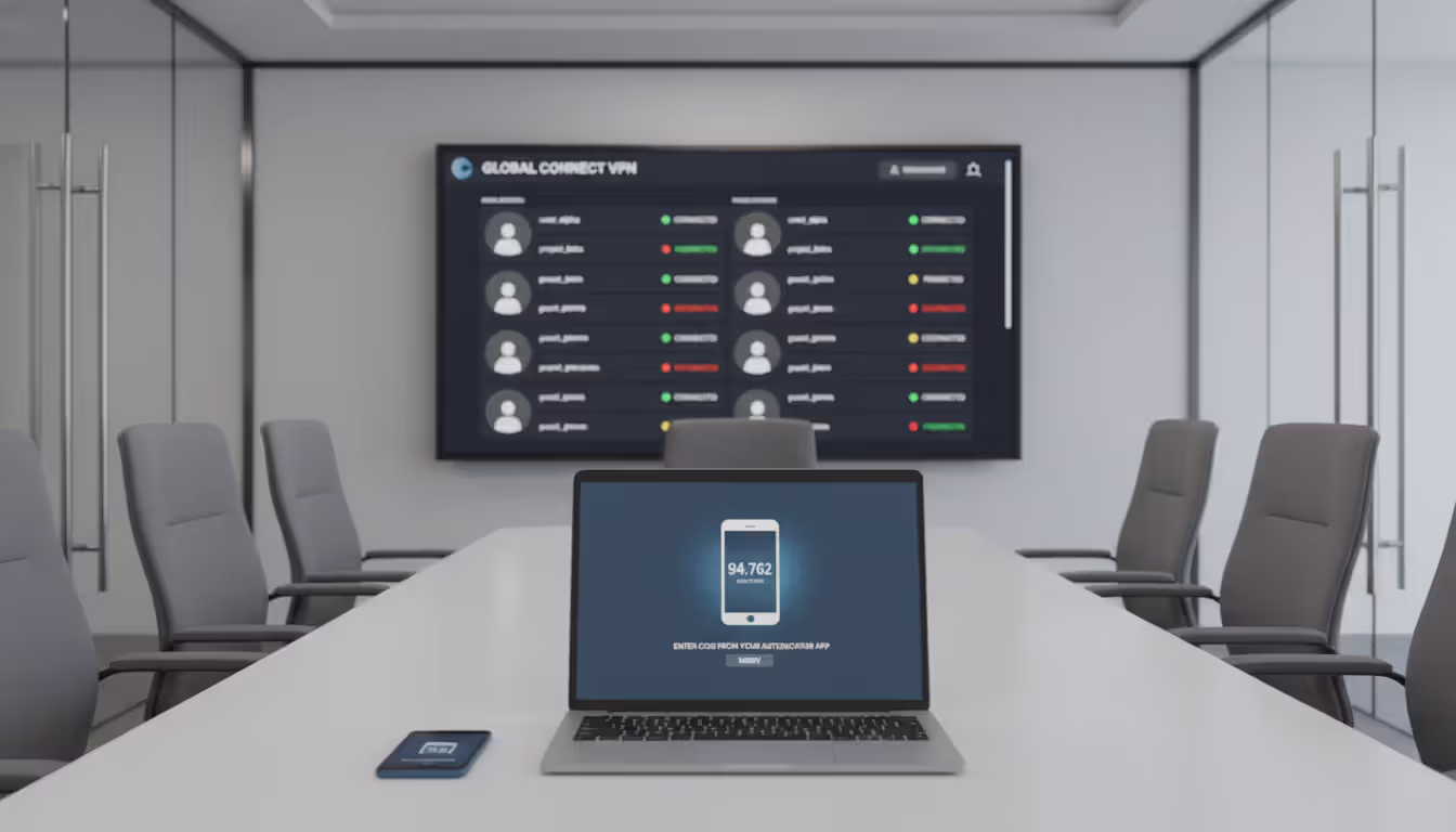 Office meeting room with VPN management dashboard on monitor showing user connection statuses and a laptop displaying two-factor authentication screen
