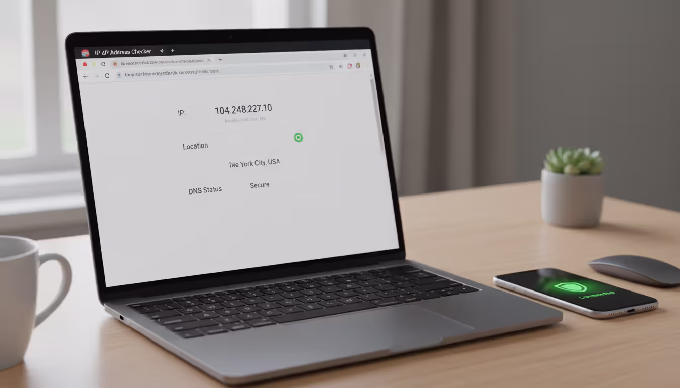 Laptop screen showing IP address leak test results in a browser with a smartphone nearby displaying an active VPN connection indicator