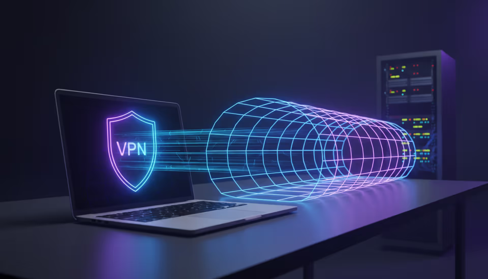 Laptop on a desk with a glowing encrypted VPN tunnel visualization connecting to a remote server rack in dark blue-purple tones