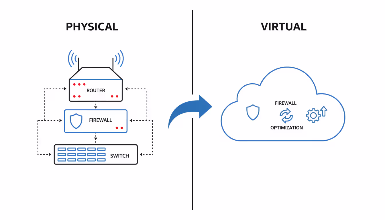 Side-by-side comparison diagram showing physical network hardware rack on the left transforming into virtual cloud-based network functions on the right with a transition arrow