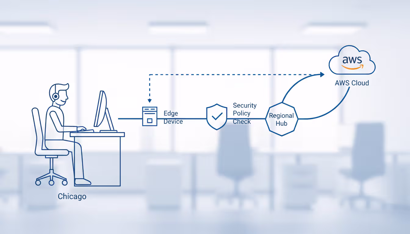 Infographic showing network traffic flow from office employee through edge device and security check to AWS cloud via direct and regional hub paths