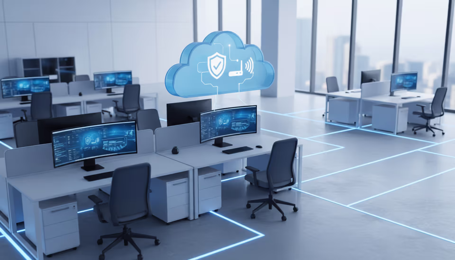Modern office workspace with glowing blue network connection lines linking workstations to a central cloud icon with security shield, router, and Wi-Fi symbols