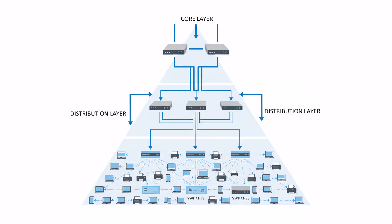 Three-tier network architecture diagram showing core, distribution, and access layers as a pyramid with routers, switches, and end devices connected by traffic flow arrows