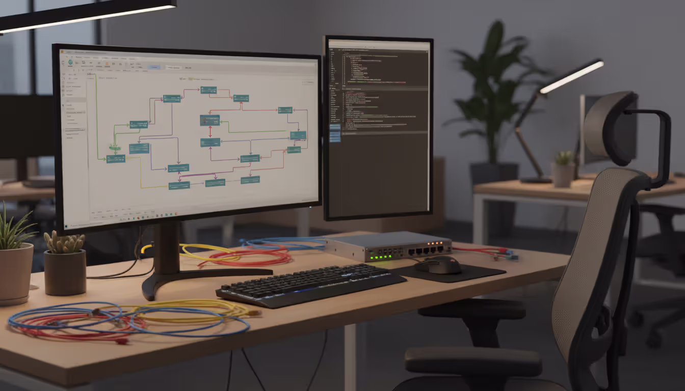 Network engineer workspace with dual monitors showing network design software with a topology diagram and a command line terminal, ethernet cables and a small switch on the desk