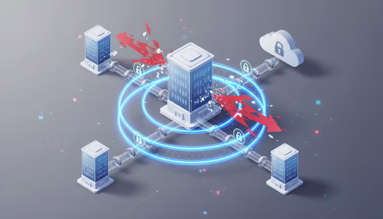 Network security concept illustration showing a protected office building surrounded by multiple defense layers, encrypted VPN tunnels connecting to branch offices and cloud, with red threat arrows being blocked by security barriers