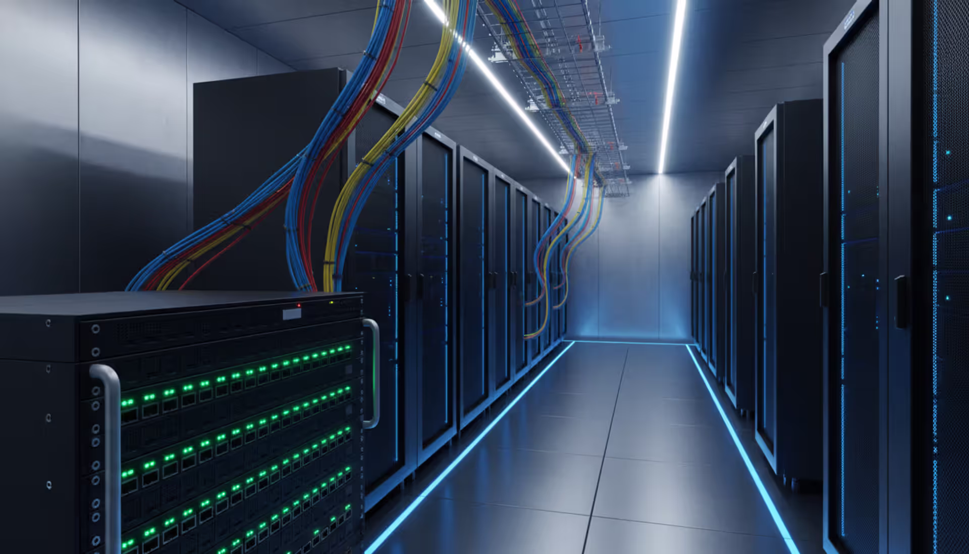 Modern server room with organized network racks, blue LED lighting, colorful ethernet cables, and a network switch with green port indicator lights