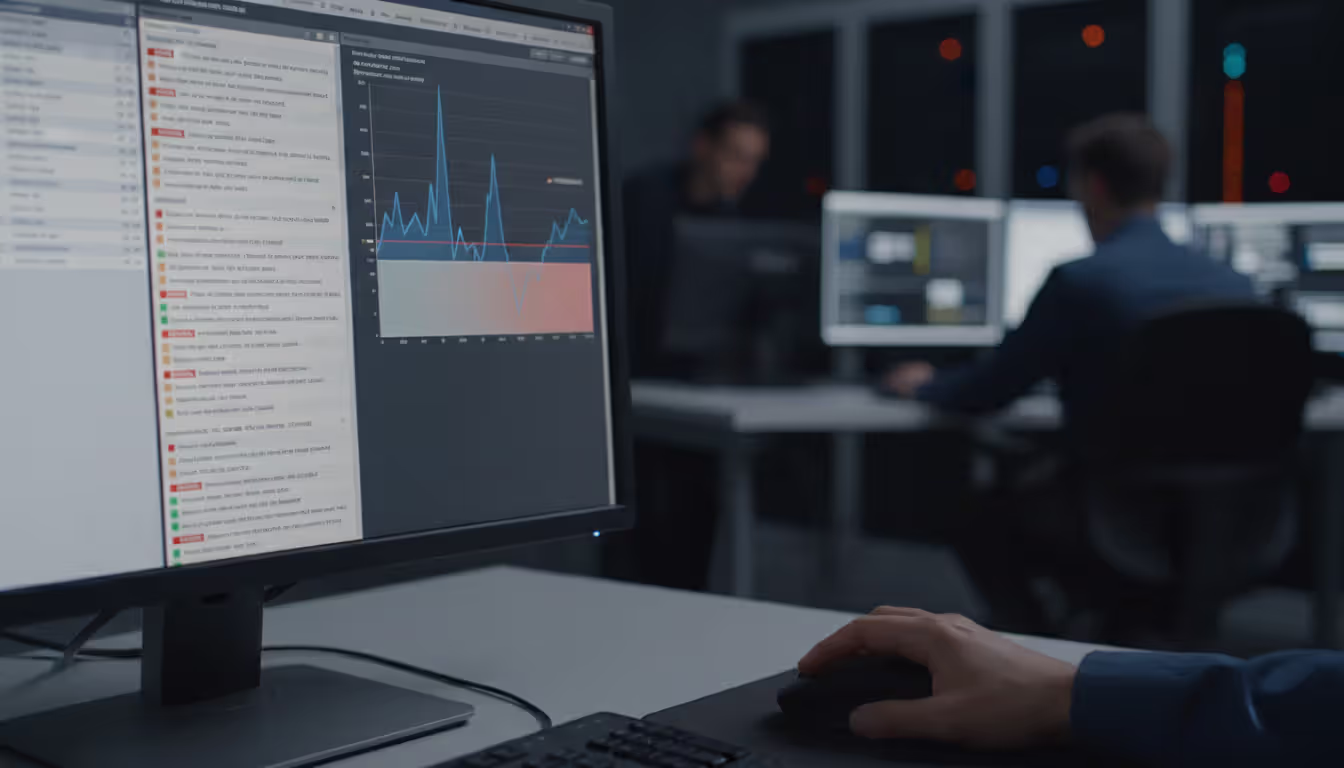 Close-up of NOC operator monitor screen showing alert management system with color-coded priority notifications and threshold line on performance graph