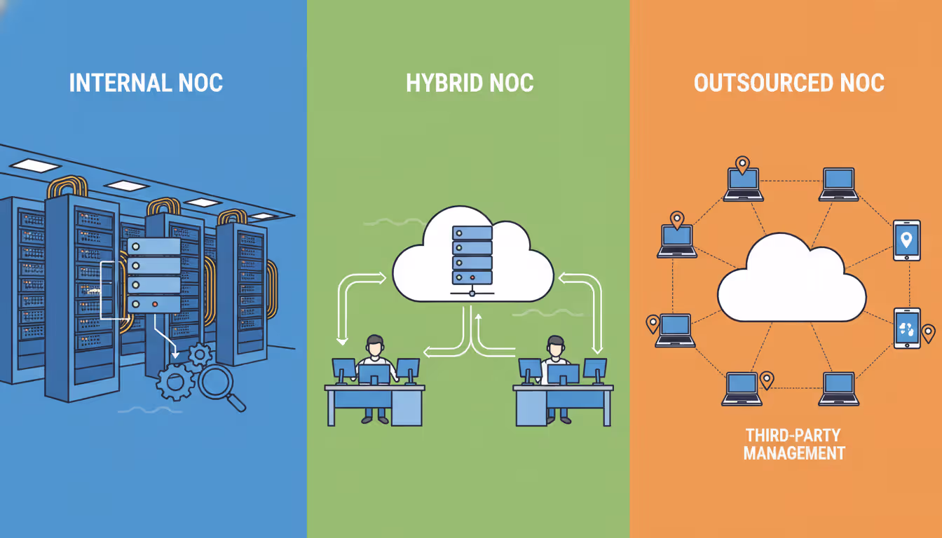 Infographic comparing three NOC models: in-house with server racks, hybrid with combined cloud and on-premises elements, and fully outsourced cloud-based operations
