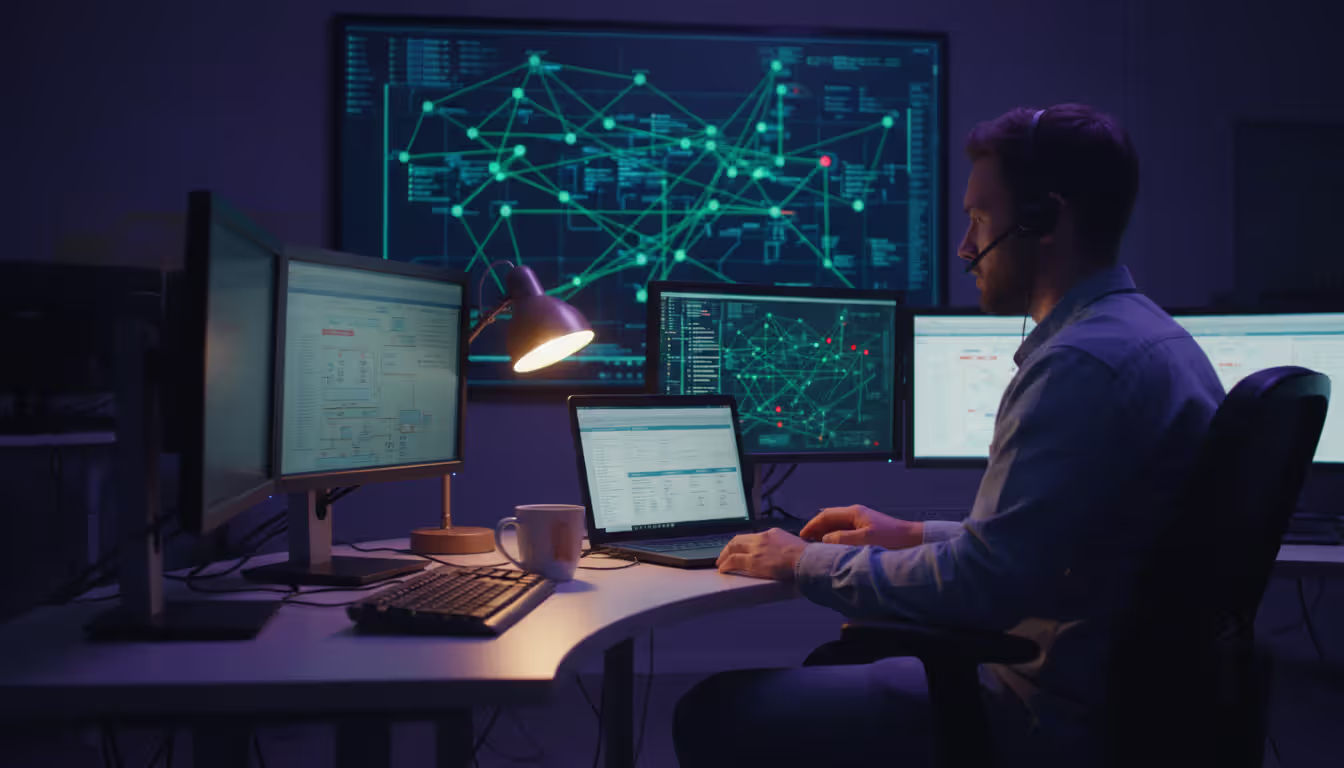 Night shift NOC engineer working alone at multi-monitor workstation with large wall display showing network map with green and red status nodes