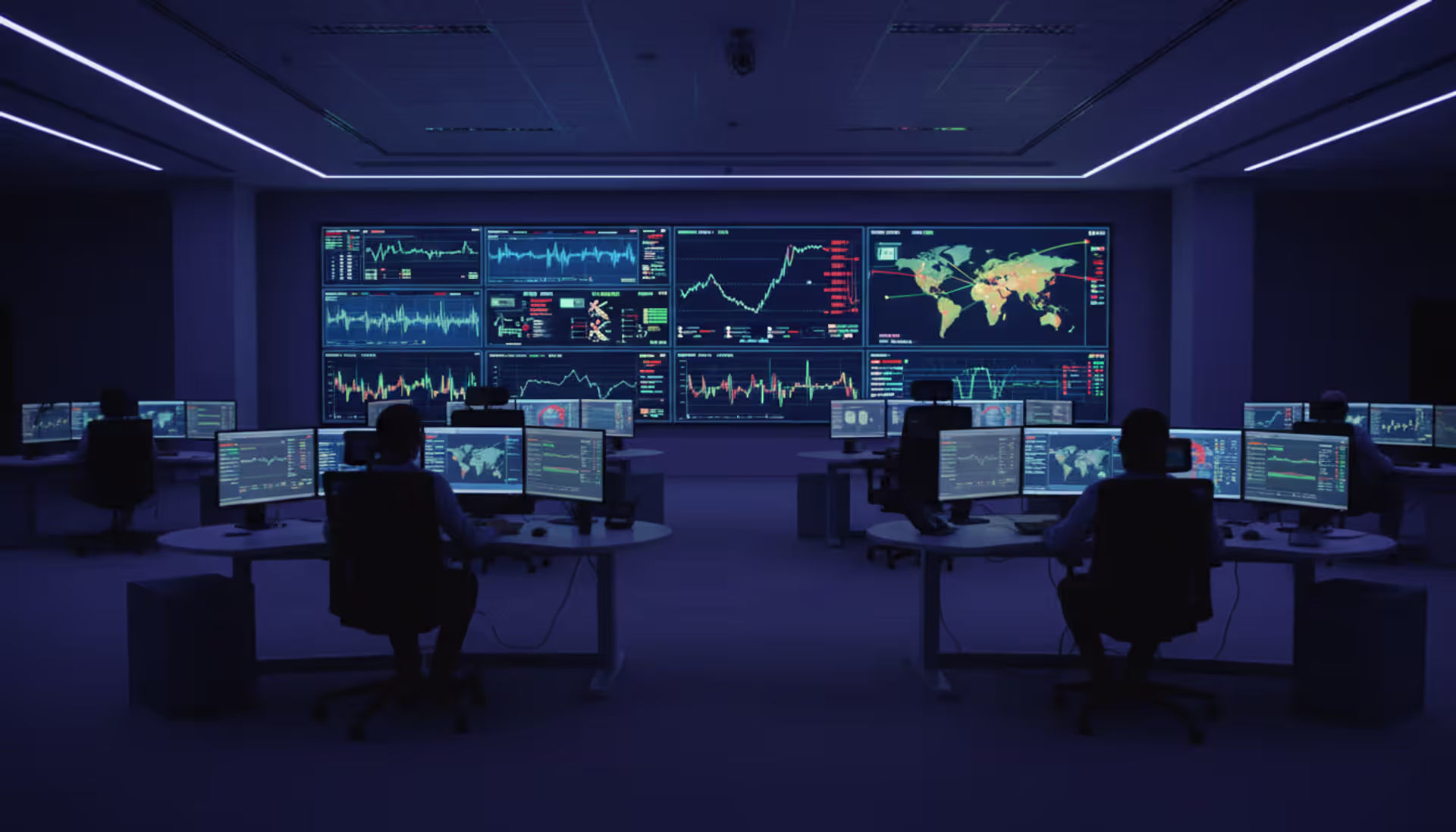 Modern network operations center room with operators monitoring large display wall showing network performance graphs and status indicators