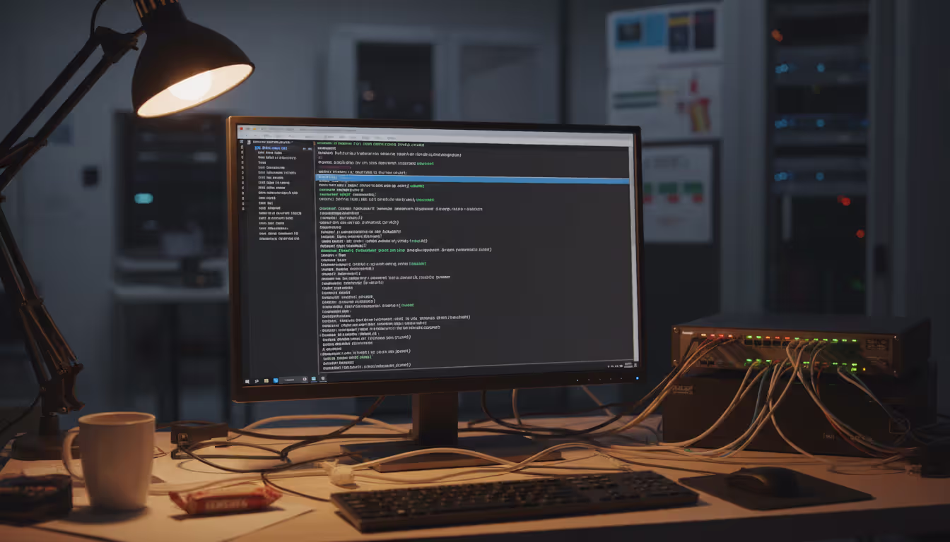 System administrator desktop with terminal window showing NTP configuration file and network equipment with blinking LED indicators